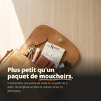 Petit étui Mon Quetzal - Compact (plié) avec accessoires à l’intérieur, incluant sac à main, lunettes et fiche produit.