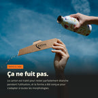 Mon Quetzal - Compact (plié) utilisé sous l’eau lors d’un test; flacon verseur et carton pliable montrait l’étanchéité et l’adaptation à diverses morphologies.