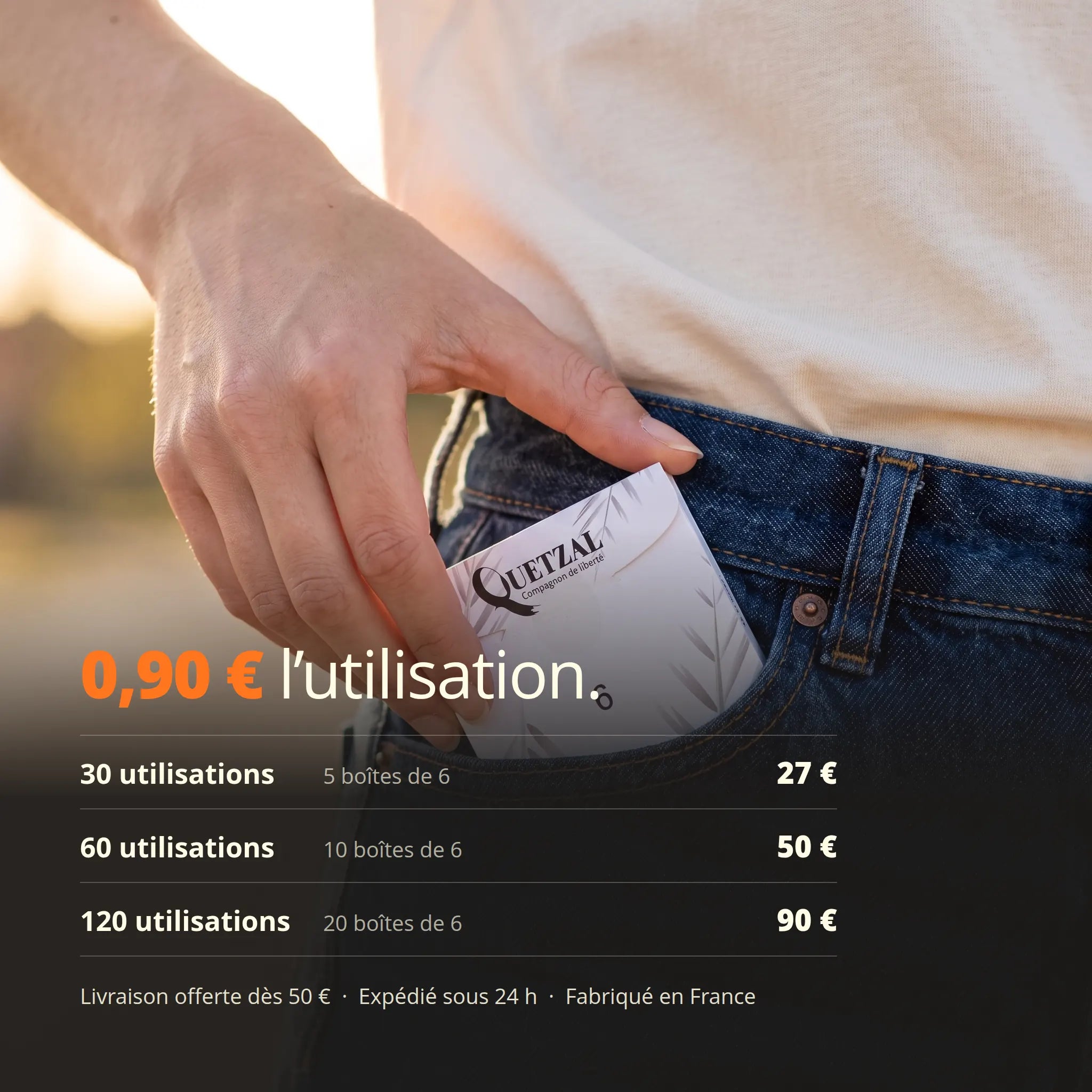 Mon Quetzal - Compact (plié) en main, affichant les tarifs d’utilisation 0,90€ et les options par lots.